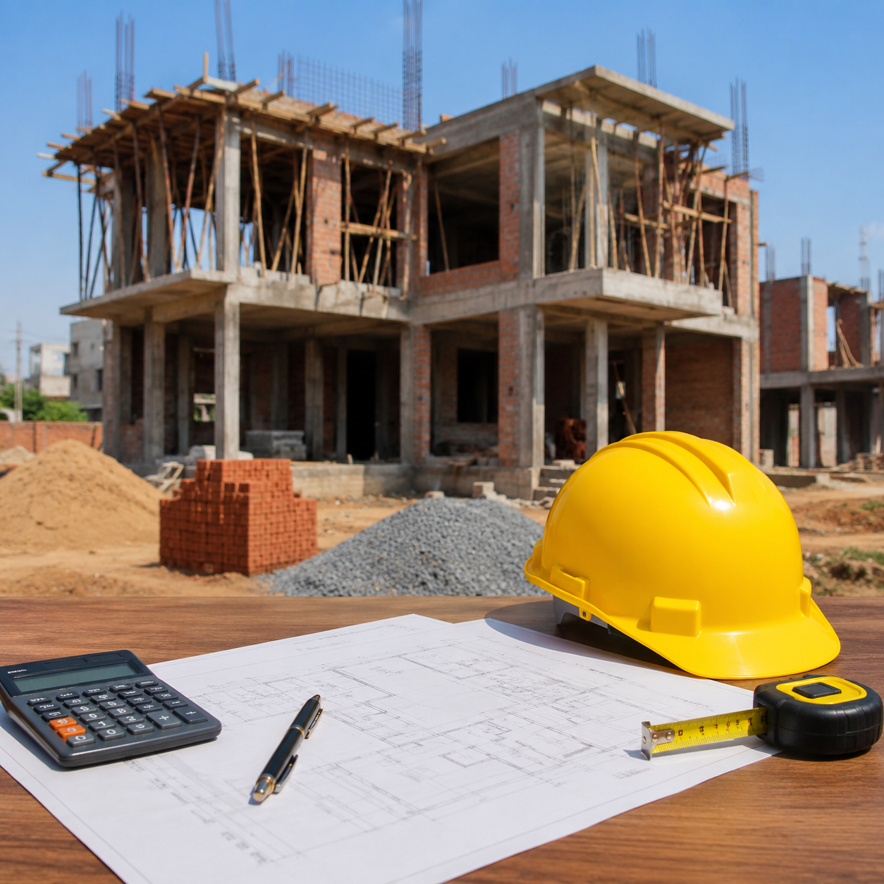 House construction cost in Jaipur with residential building under construction, architectural blueprint, calculator, and safety helmet for home construction planning in Rajasthan.