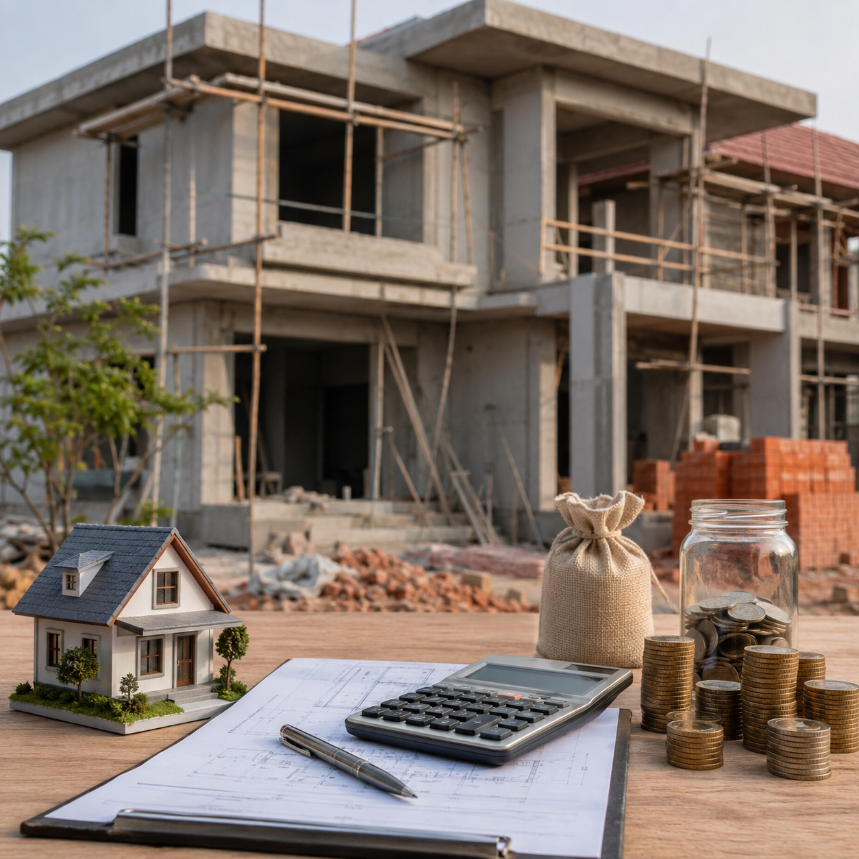 Cheap house construction contract in Jaipur showing a home under construction with construction budget planning, highlighting the hidden costs of low-cost building contracts.