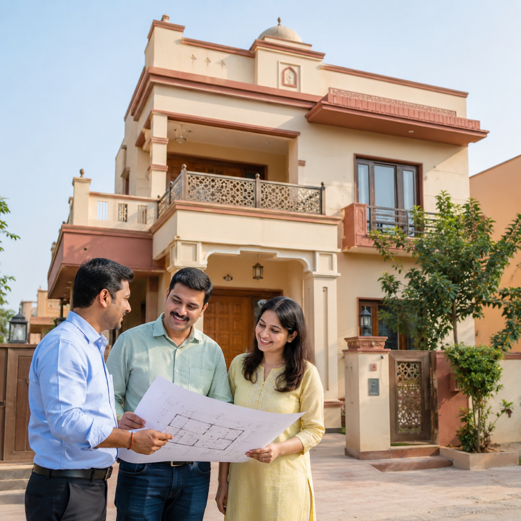 Indian couple discussing house plans with a construction contractor for an affordable home construction in Jaipur