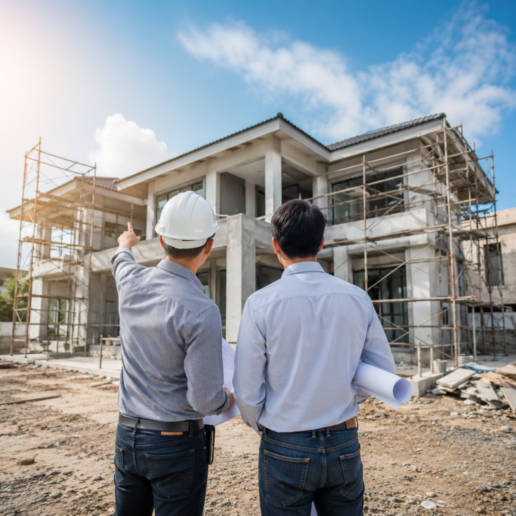 Design-build vs traditional construction project with professionals reviewing building plans