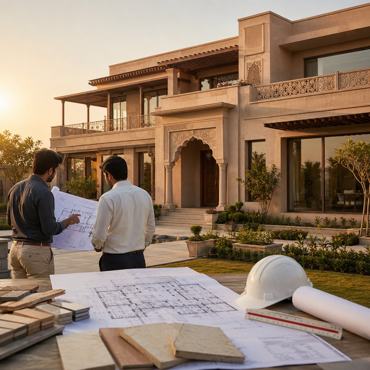 Luxury villa in Jaipur with modern architecture and premium outdoor landscaping