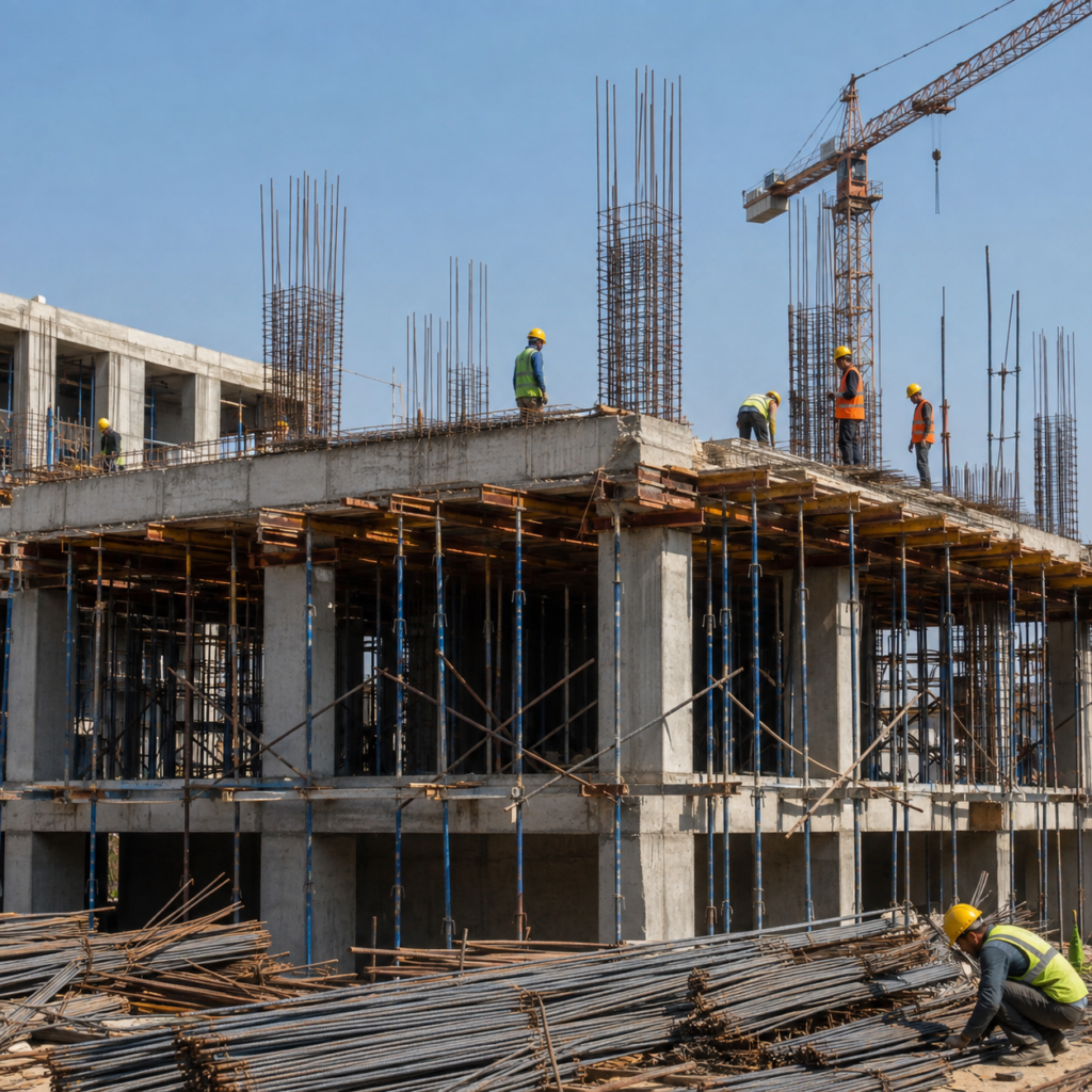 Modern building construction techniques used in residential house construction in Jaipur with engineers and workers on site
