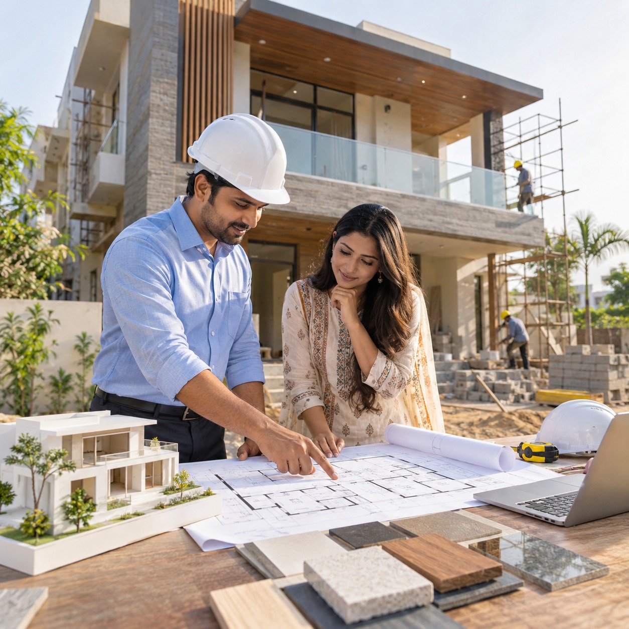 Home construction design tips with architect reviewing house plans at a modern home construction site in Jaipur